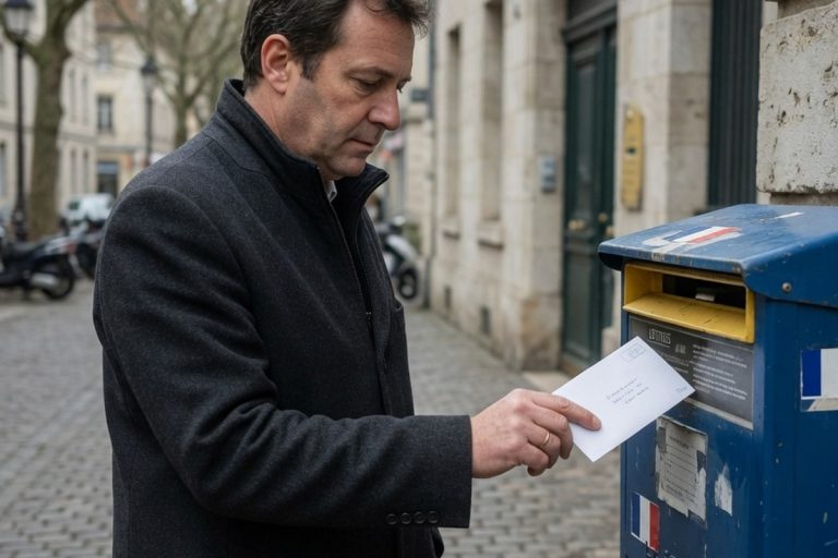 Homme déposant une enveloppe dans une boîte aux lettres près d'une mairie